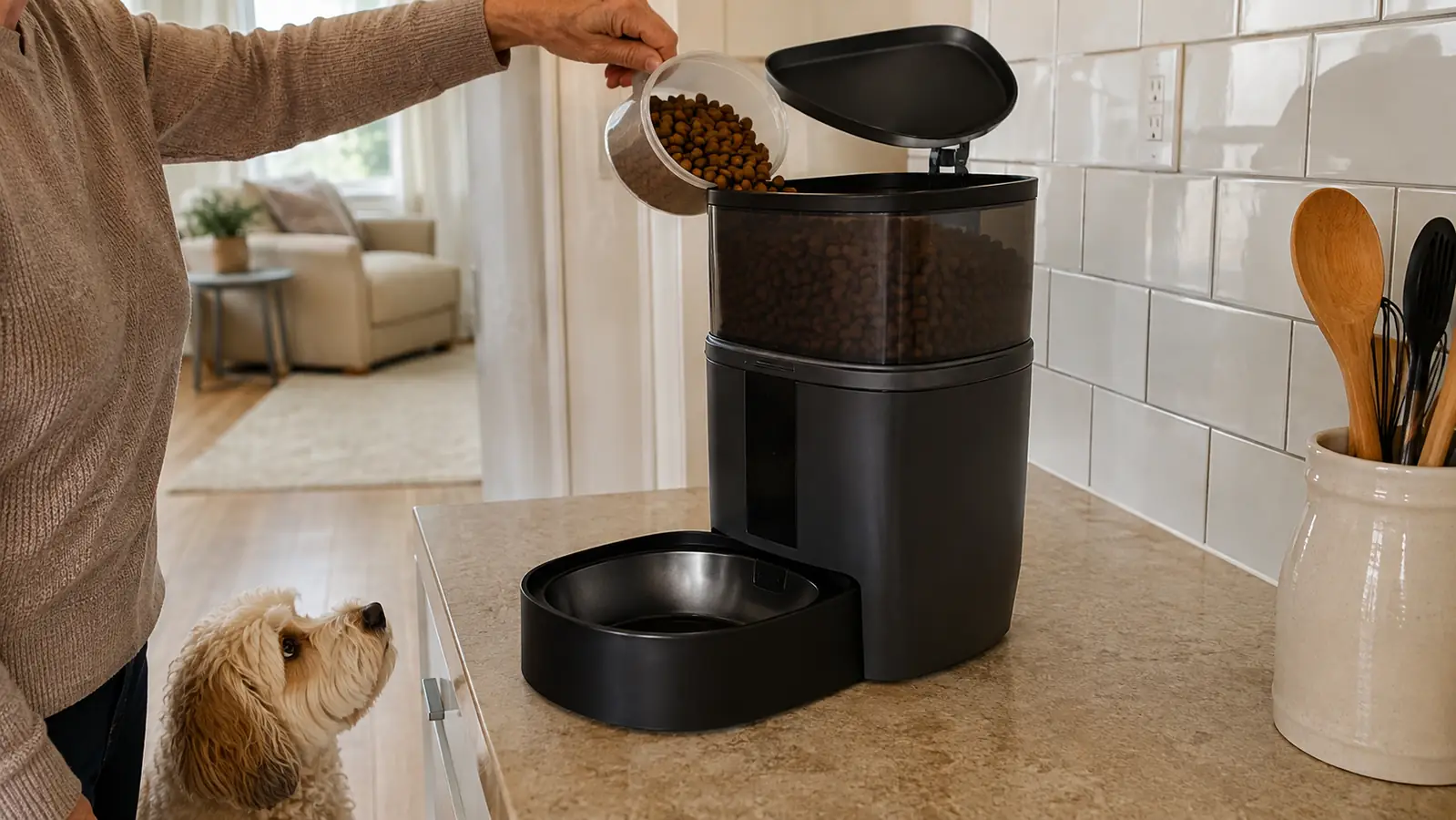 A person pouring dry kibble into the top bin of an automatic pet feeder while a dog watches from the floor