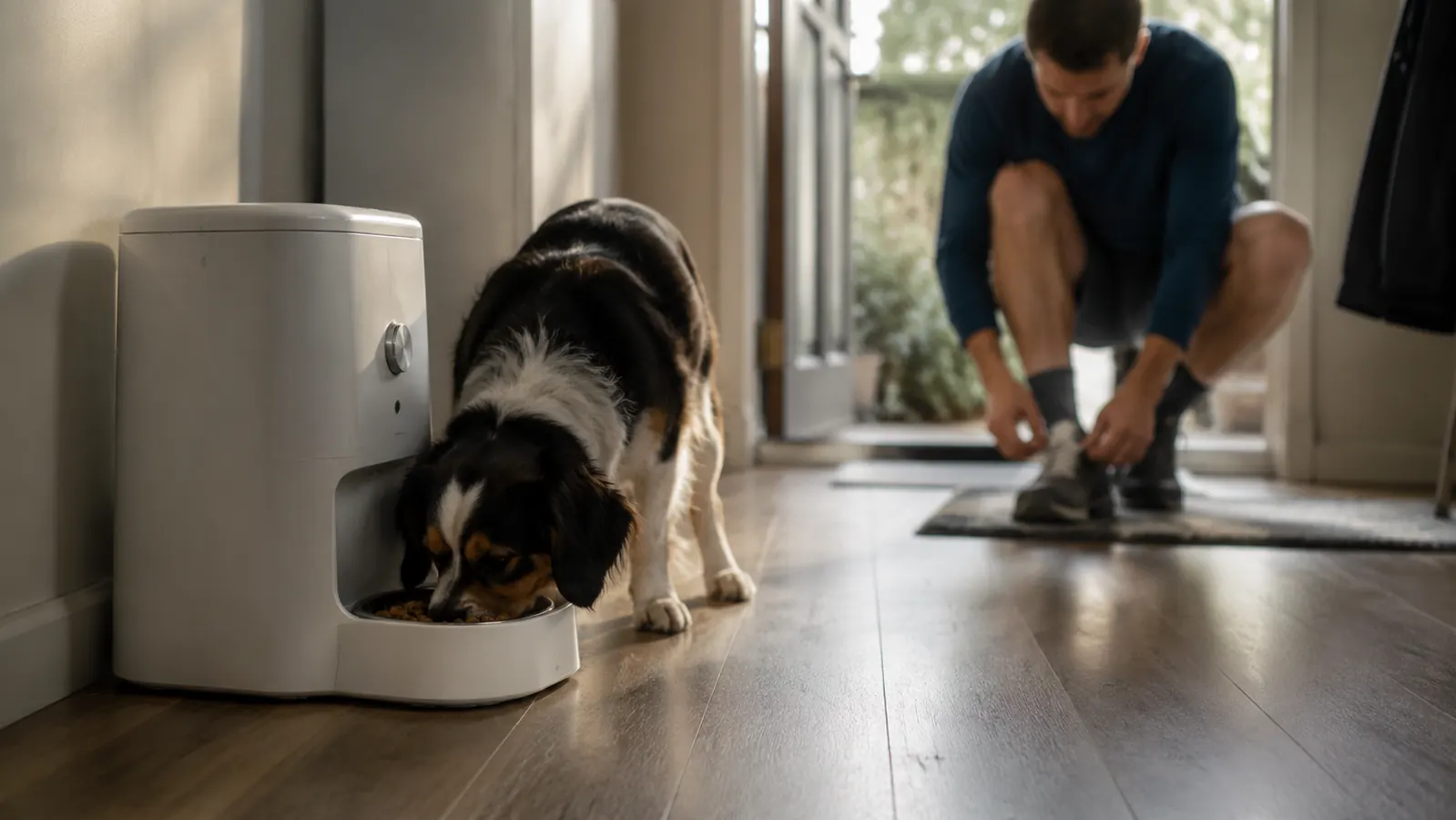 A dog eating from the bowl under an automatic pet feeder while its owner laces shoes by the front door