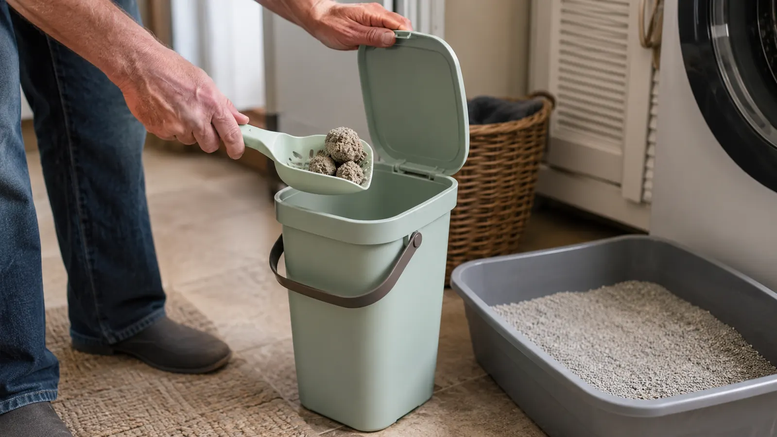 A hand scooping used litter clumps from a litter box and dropping them into an open pail with the lid open beside it