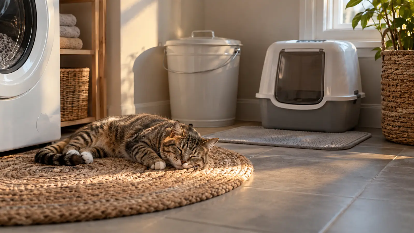 A tabby cat napping on a braided rug near a closed pail and a clean covered litter box in a quiet laundry room