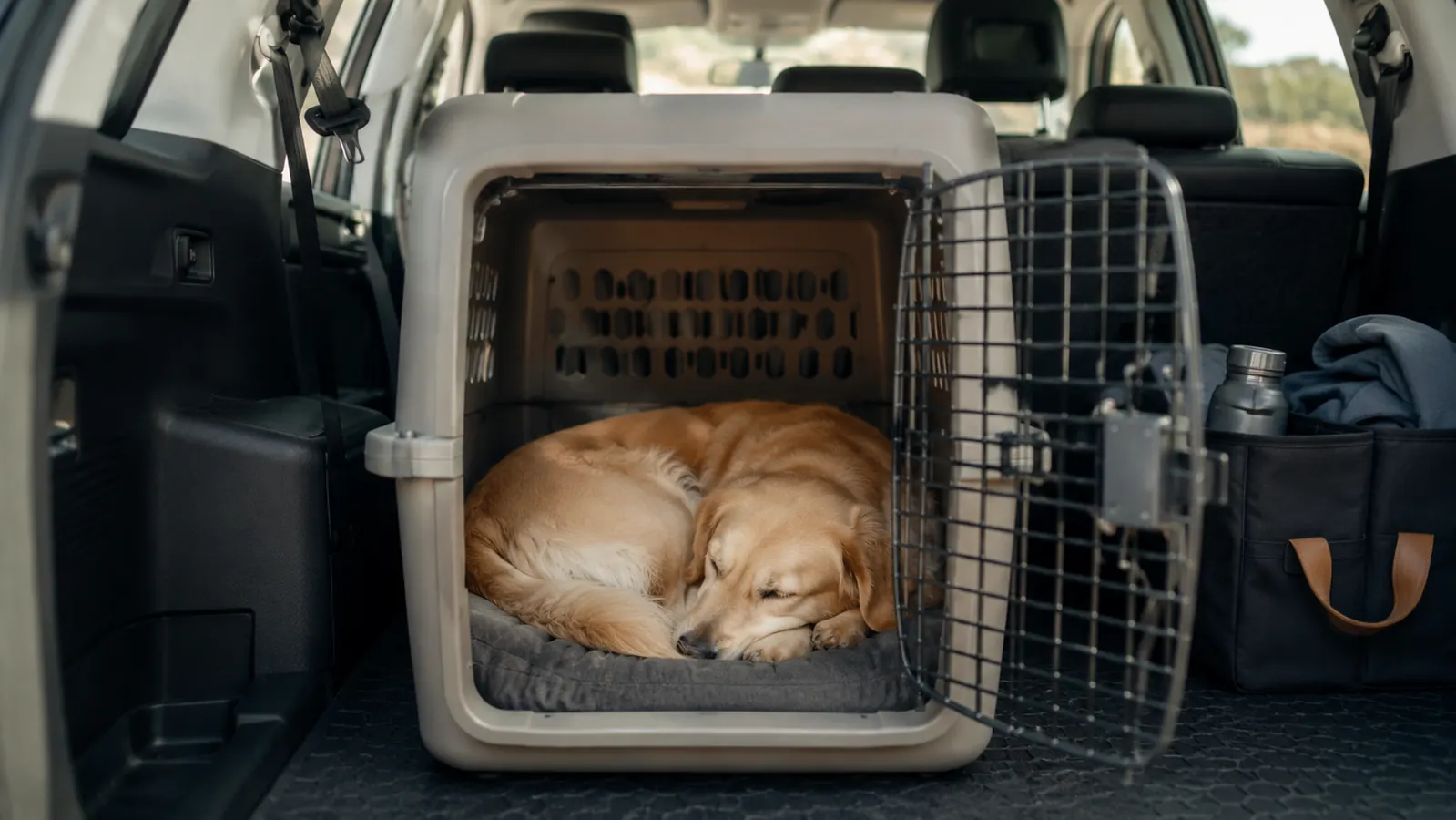 A dog curled up asleep inside an open dog crate in the cargo area of a car on a road trip