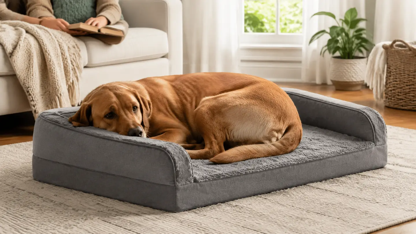 A large dog curled up on an L-shaped orthopedic dog bed, chin resting on the raised bolster edge, in a bright living room