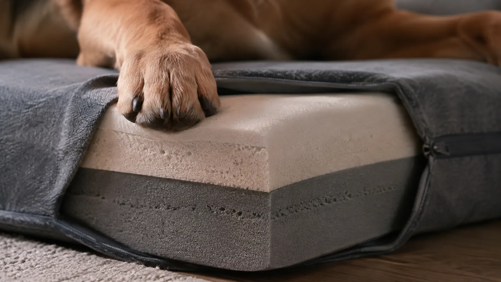 Close view of a dog's paw resting at the edge of an orthopedic dog bed showing the layered foam base