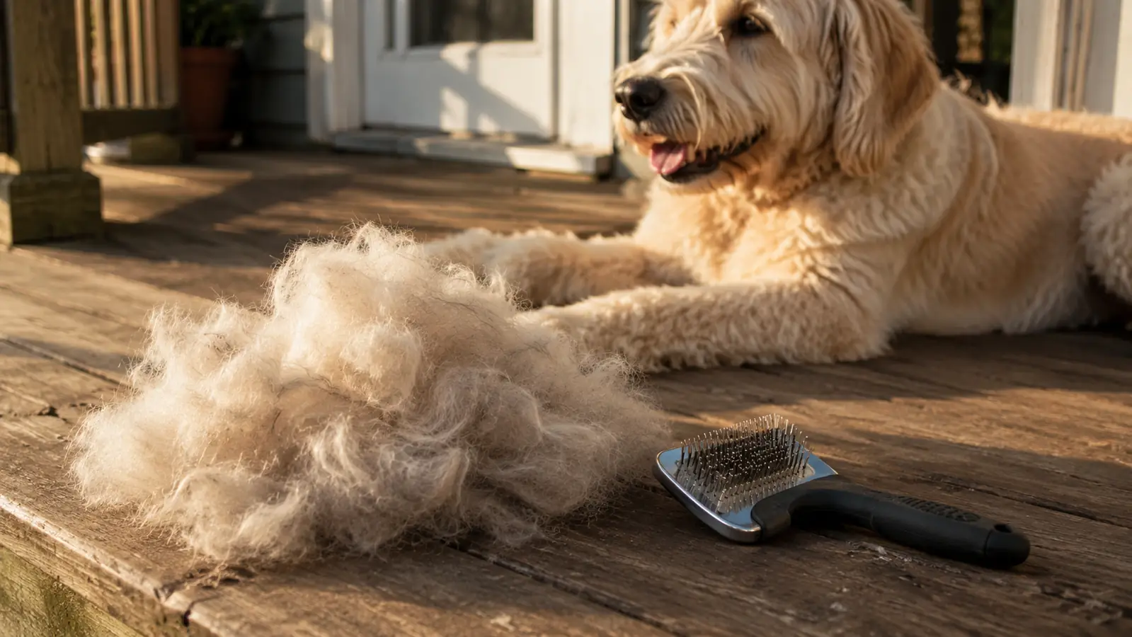 A pile of brushed-out undercoat fur on a wooden porch step beside a grooming tool