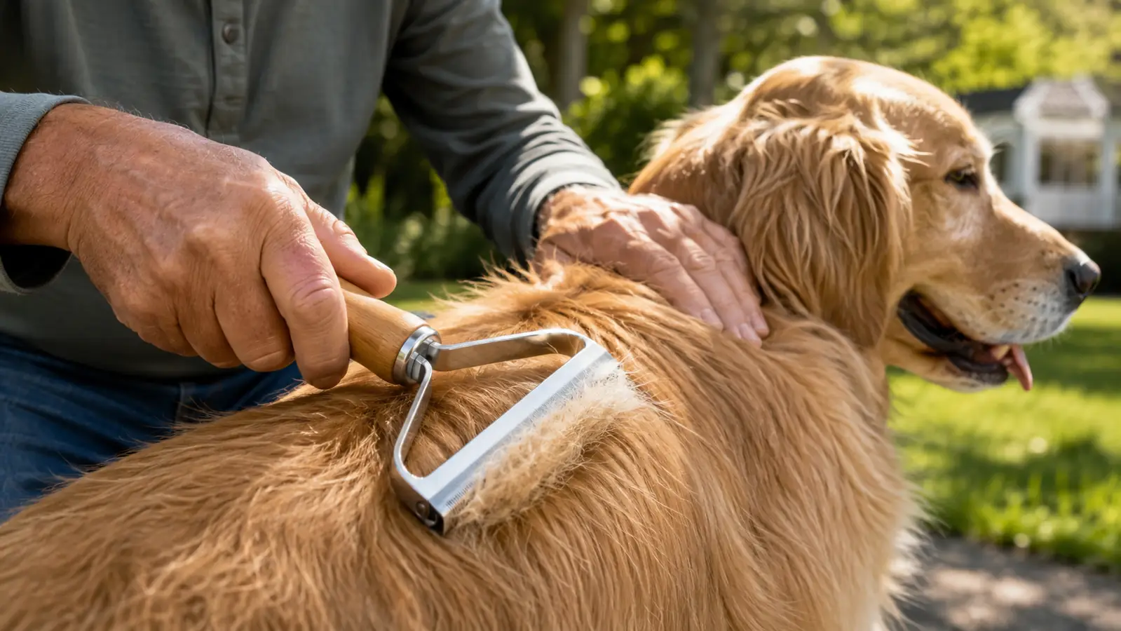 A hand using a deshedding tool to pull a dense strip of loose undercoat from a golden retriever's back outdoors