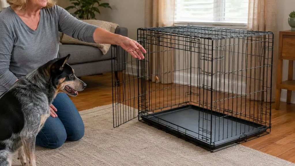 A hand tossing a small treat into an open wire dog crate while a mid-sized dog watches from nearby