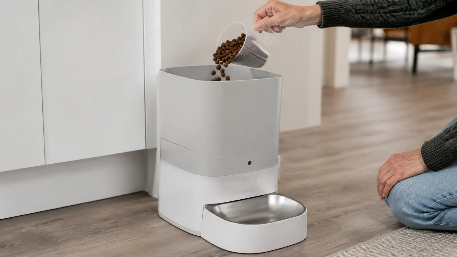 A hand pouring dry kibble from a measuring cup into the open top of an automatic pet feeder on a kitchen floor