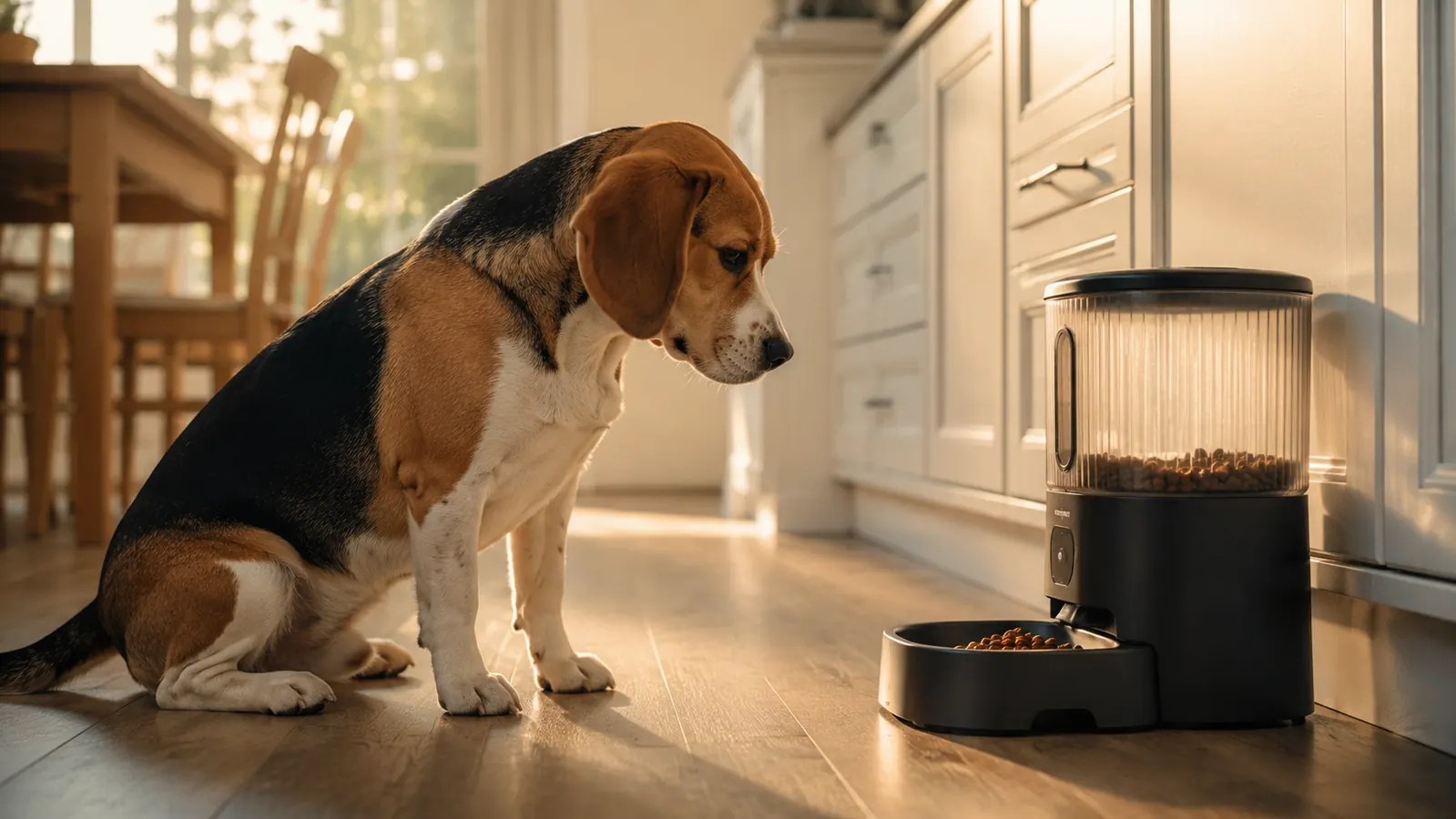 A beagle waiting near an automatic pet feeder in a kitchen at golden afternoon light
