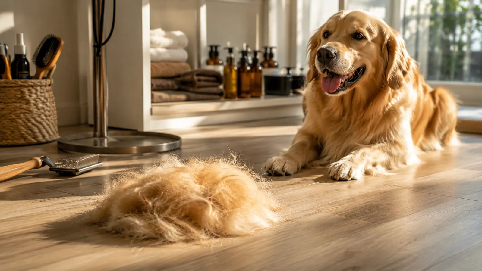 A tidy mound of loose dog fur swept beside a grooming area on a light wood floor with the long-haired dog resting a few feet away