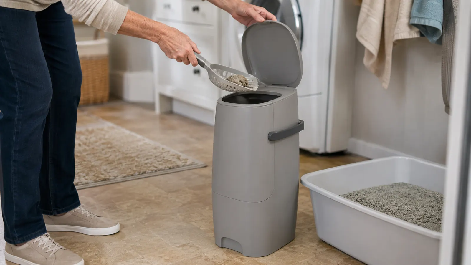 A hand dropping a scooped clump of cat litter into the open lid of the Litter Genie pail.