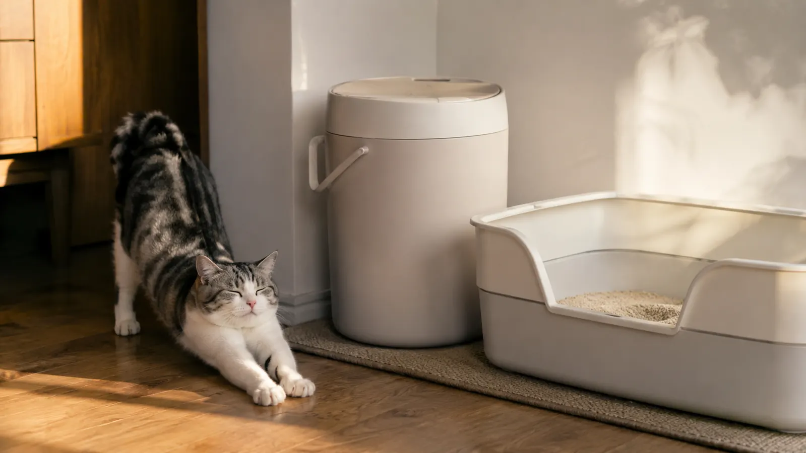 A closed litter pail standing on a floor mat beside a litter box in a tidy home corner, with a cat stretching lazily nearby in warm afternoon light