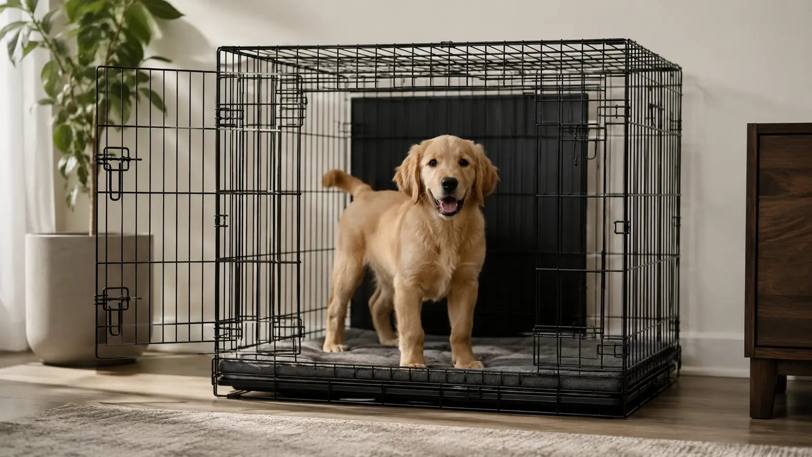 A young dog standing inside the folding wire crate while the metal divider panel is pinned in place behind it