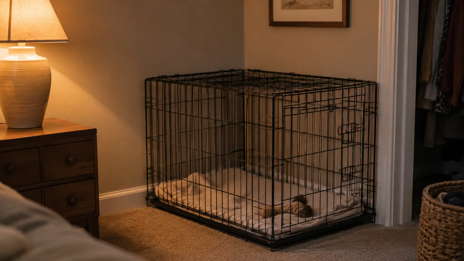 A wire dog crate with a folded blanket inside sitting in the corner of a tidy bedroom with warm lamplight