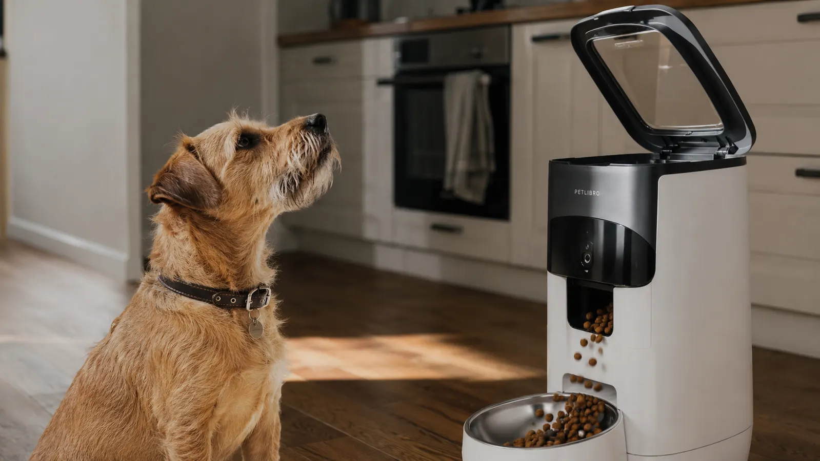 A dog looking up at an automatic pet feeder as the lid opens to release a meal