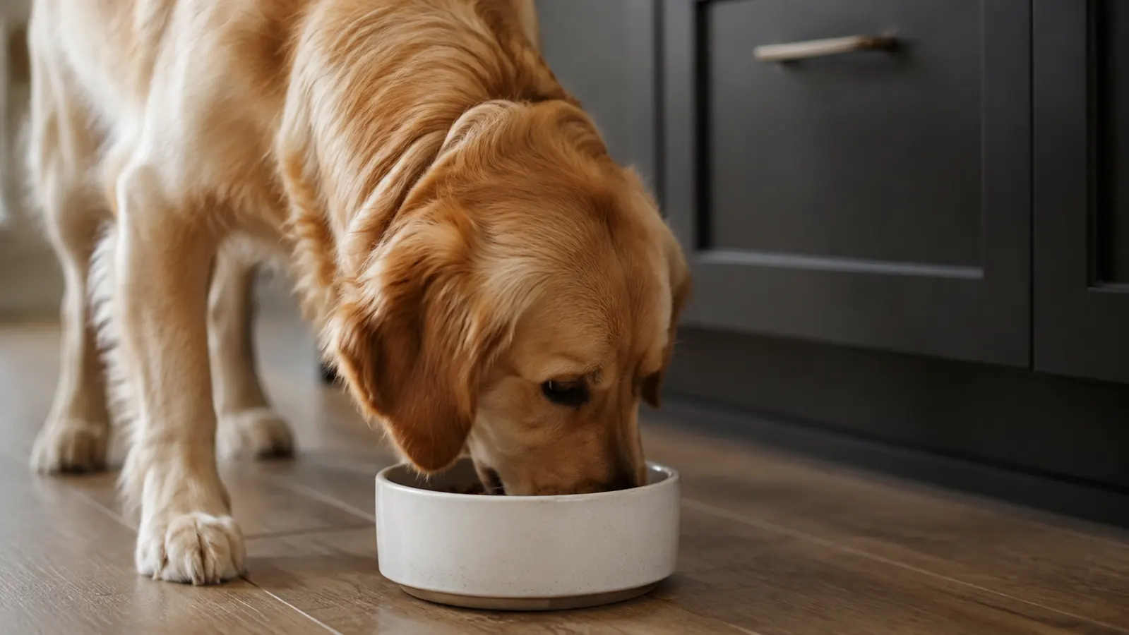 A plain ceramic pet food bowl on a kitchen floor with a dog eating from it